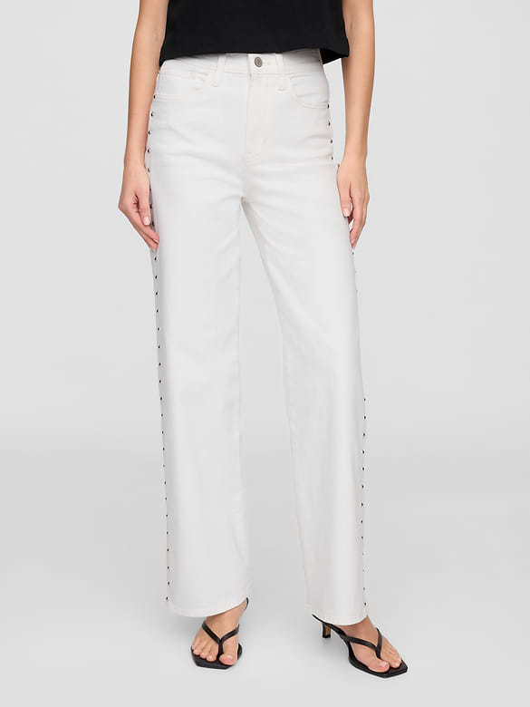 High Rise Studded Wide-Leg Jeans