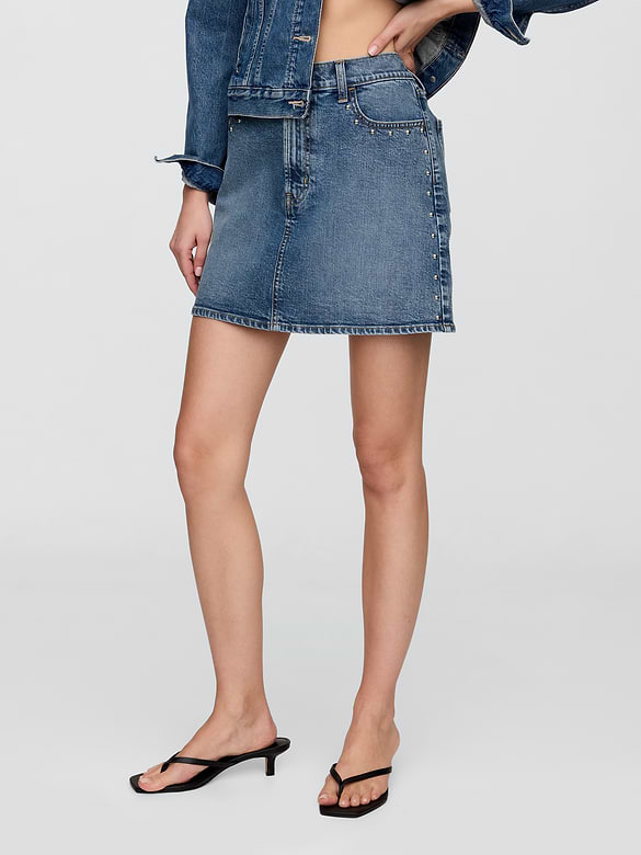 High Rise Studded Denim Mini Skirt