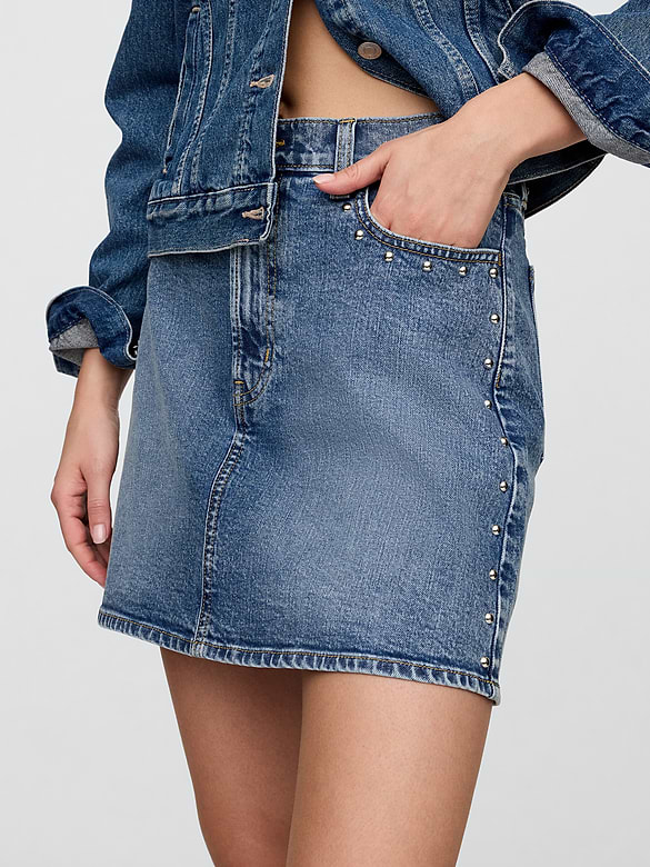 High Rise Studded Denim Mini Skirt