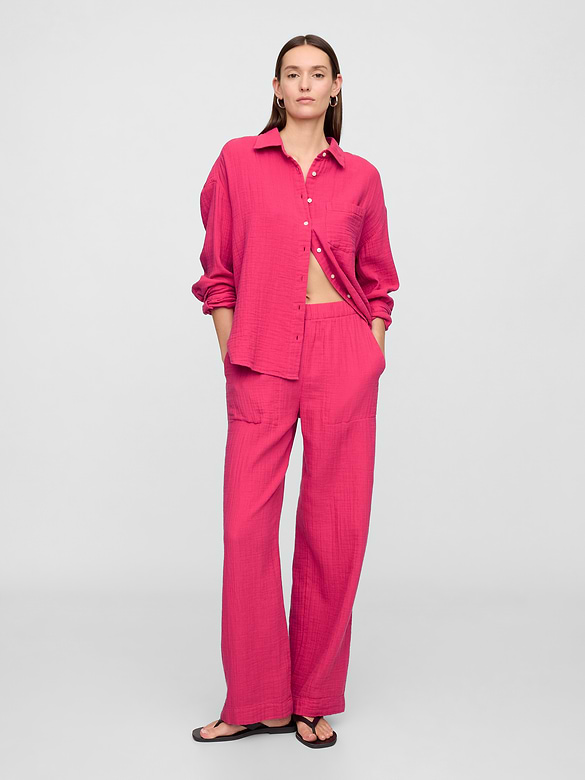 Mid Rise Gauze Pull-On Wide-Leg Pants