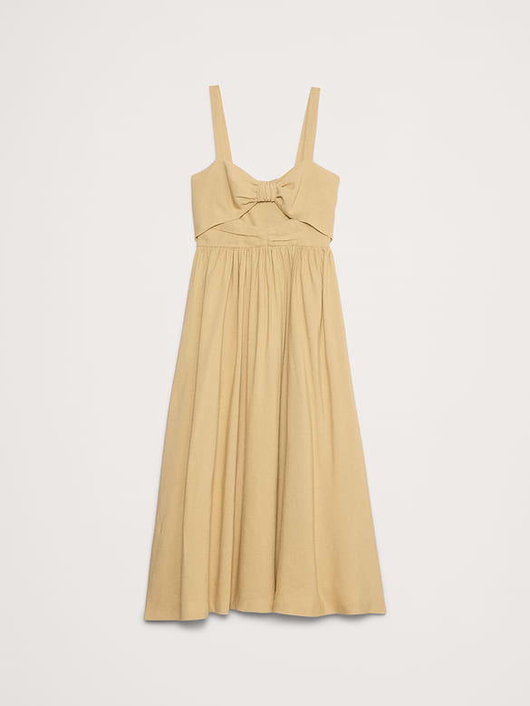 Robe longue en douppioni de viscose et lin ornée d’une boucle sur le devant