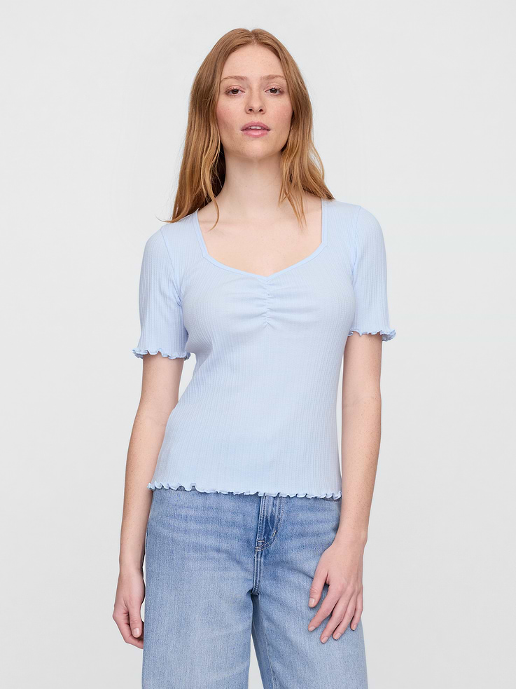Image 1 of 5, Pointelle ribbed knit., Short sleeves with lettuce cuffs., Ruching at scoop V-neck., Lettuce hem., Product #779723