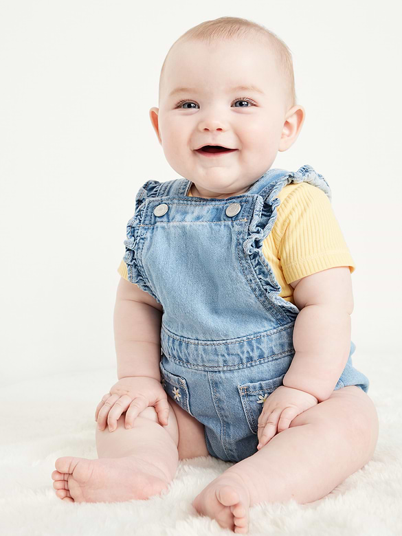 Ruffle-Trim Jean Pocket Shortalls for Baby