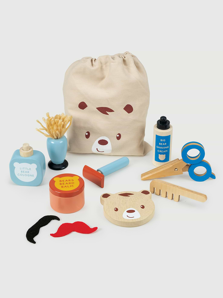 Image 1 of 2, A drawstring bag to hold all your shaving, trimming and styling products., Using the little bear mirror, soap up your cheeks with some bear shaving cream, shave, trim your beard with the handy scissors, add some beard balm, a squirt of cologne, and a flick of the comb in the hair and you are ready to go out!, Don’t forget the pretend moustaches for a quick disguise!, Pretend play and fine motor skills.