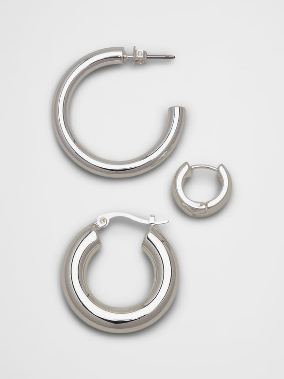 Silver Hoop Earrings Set