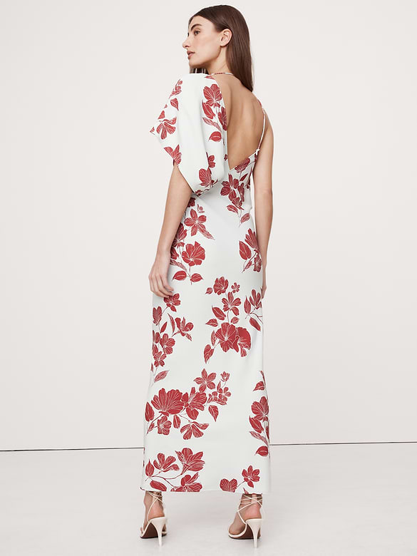 Robe longue asymétrique à dos dégagé en crêpe extensible