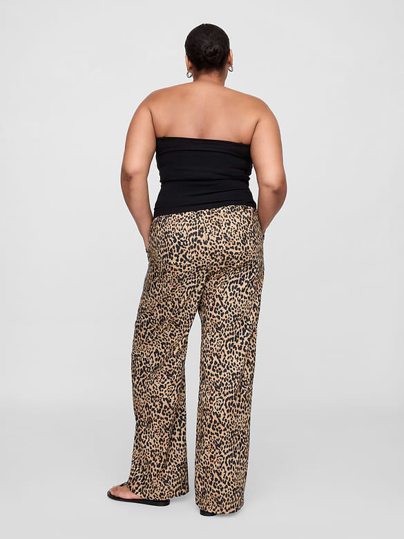Mid Rise Linen-Blend Pull-On Wide-Leg Pants