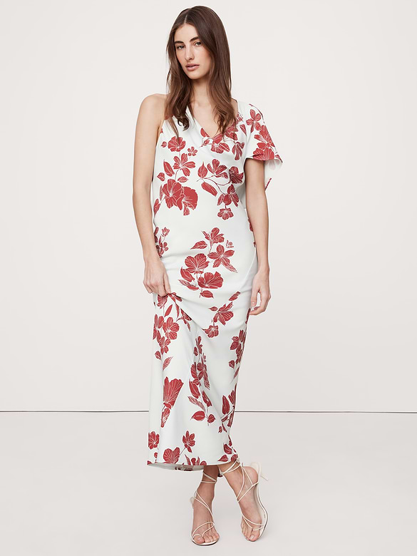 Robe longue asymétrique à dos dégagé en crêpe extensible