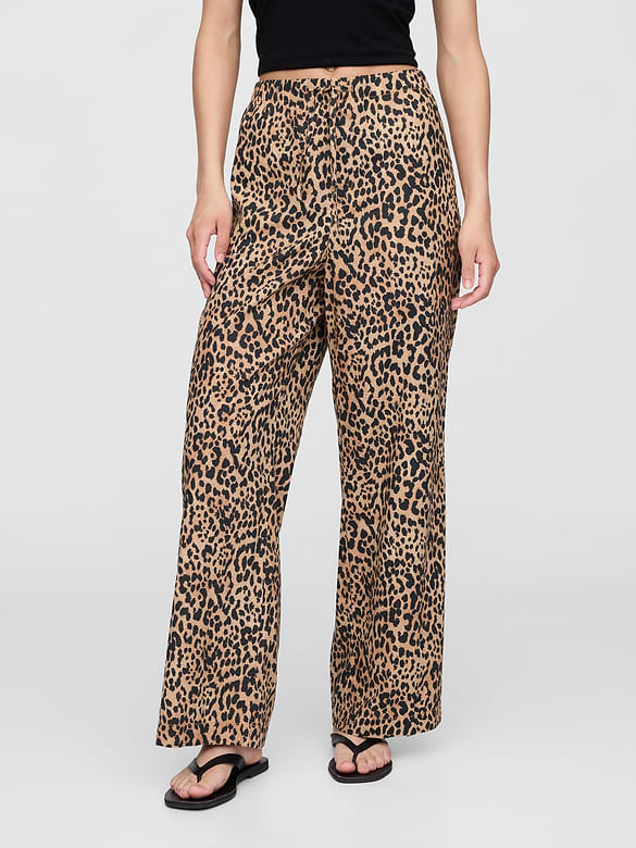 Mid Rise Linen-Blend Pull-On Wide-Leg Pants
