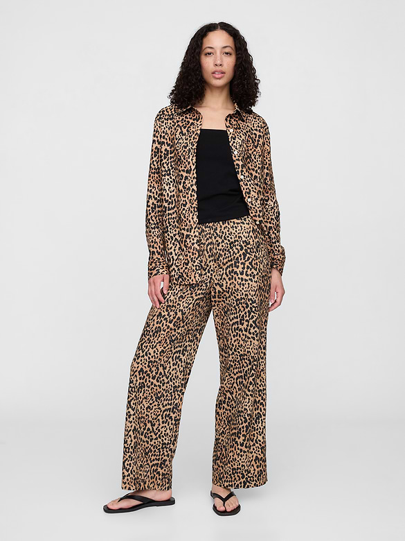 Mid Rise Linen-Blend Pull-On Wide-Leg Pants
