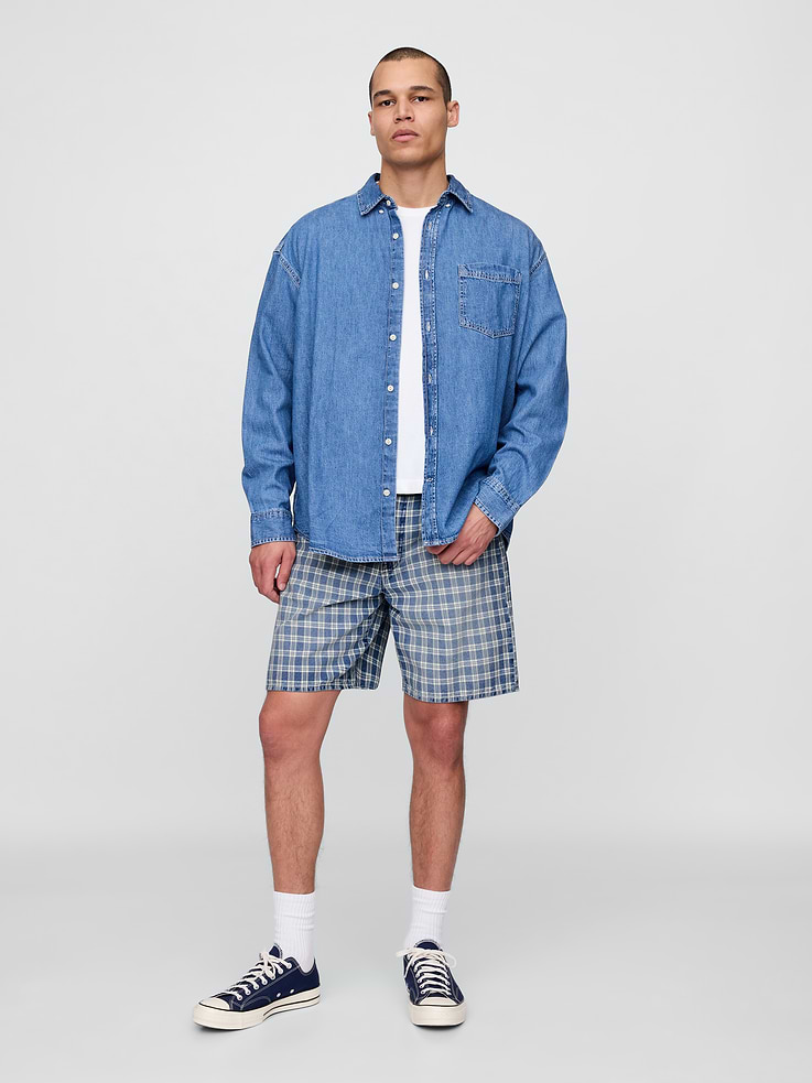 Image number 1 showing, '90s Loose Denim Plaid Shorts