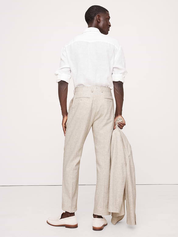 Pantalon de complet en coton et lin à motif de chevrons