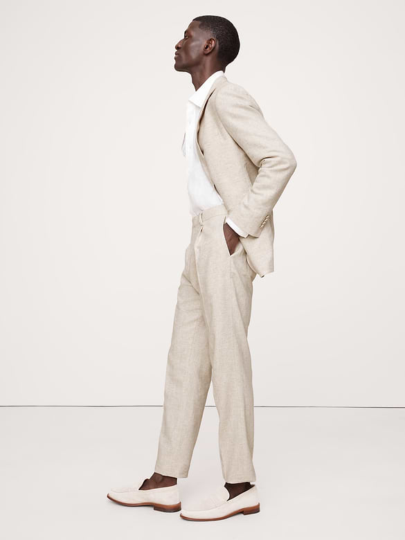 Pantalon de complet en coton et lin à motif de chevrons