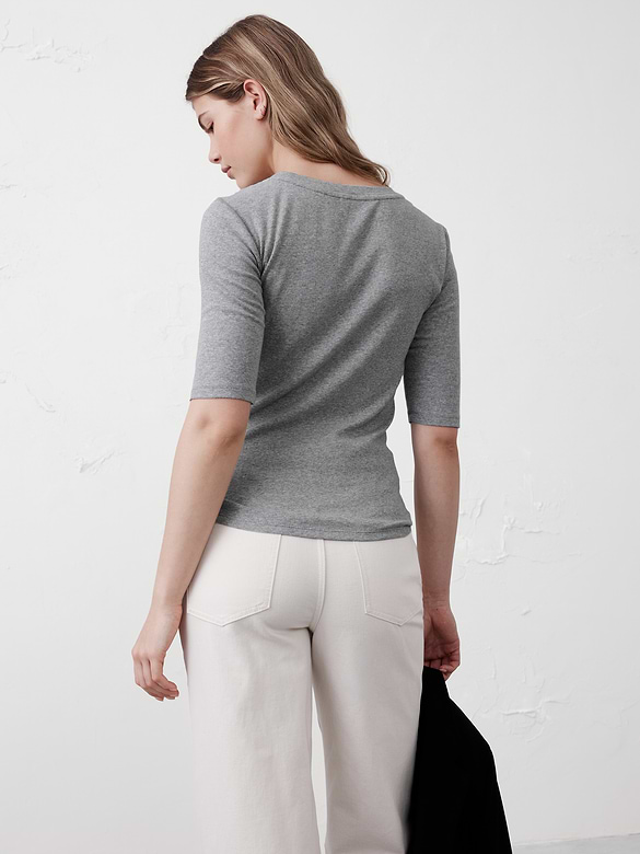 Ribbed Elbow-Sleeve T-Shirt