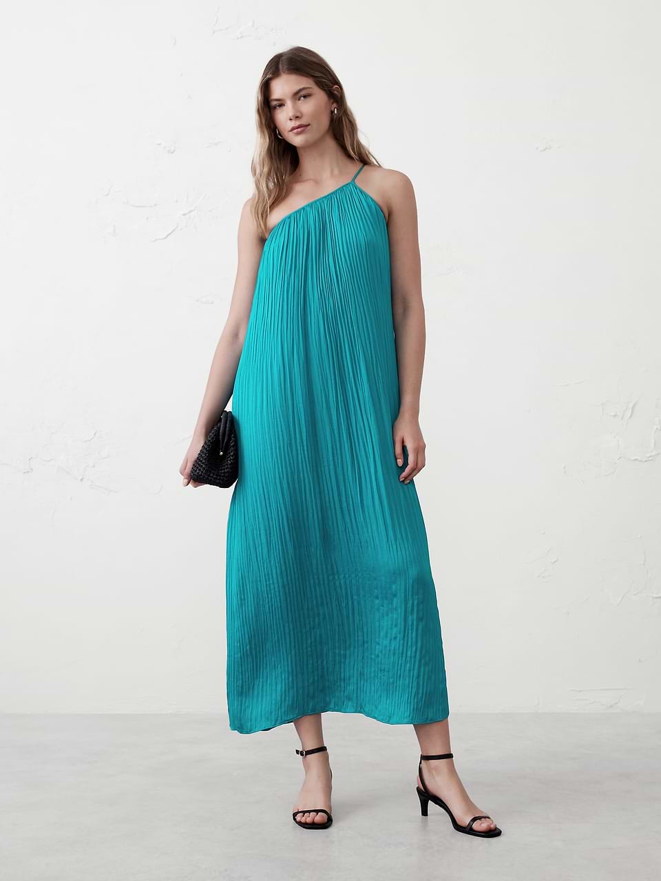 banana republic green pleated dress One-Shoulder Maxi Republic factory