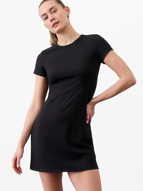 black tight t shirt dress Athleta Women's Signature Rib Tee Tall Size S Prettyguide Women's 1920s Vintage while rib texture enhances Web Collection: Thanksgiving US Size:3XL - US14