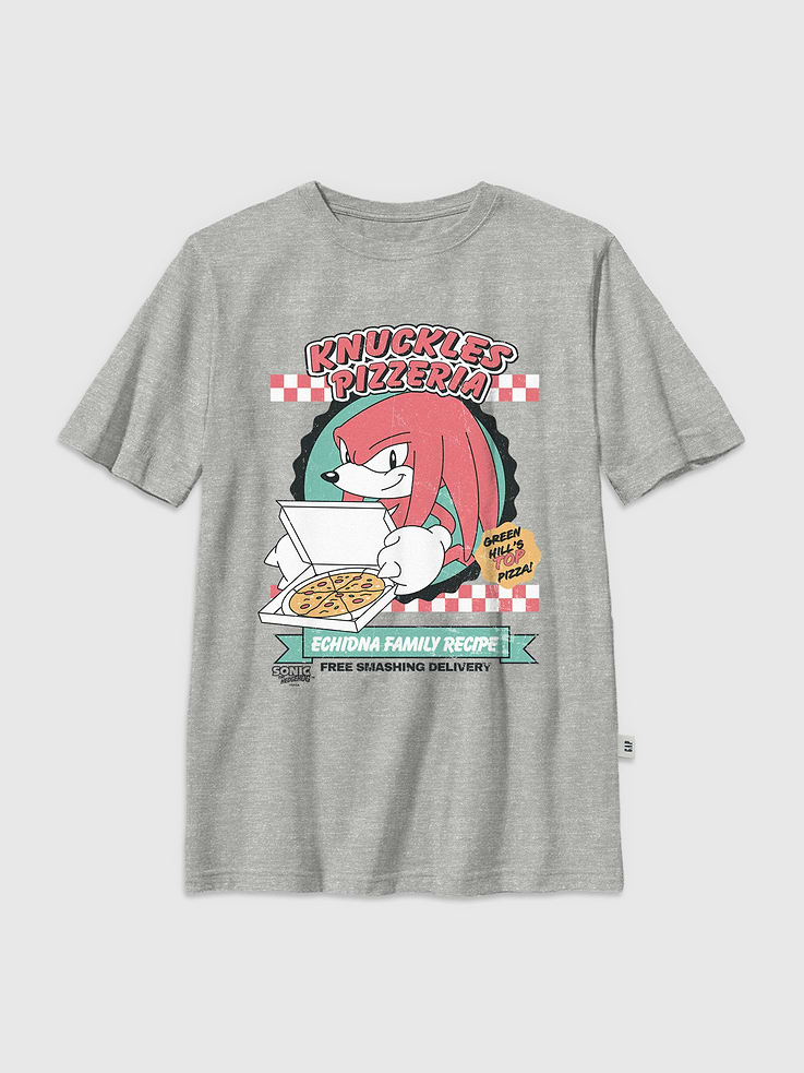 Image 1 of 3, Soft cotton T-shirt., Crewneck., Short sleeves., Officially licensed Sonic The Hedgehog Tails Knuckles Pizza graphic at front., Fifth Sun is an internationally recognized manufacturer of exclusive licensed graphic apparel and innovative fashions for premium brands like Star Wars, Disney, Marvel, and Nintendo.