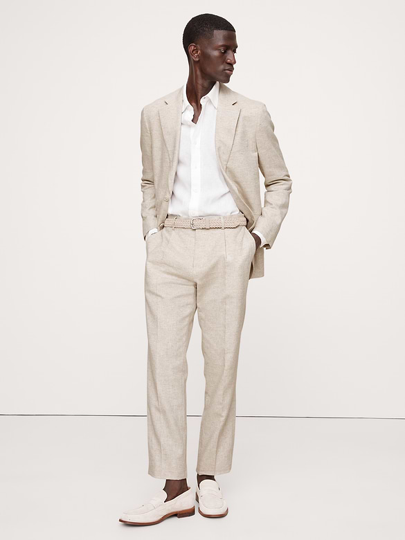 Pantalon de complet en coton et lin à motif de chevrons