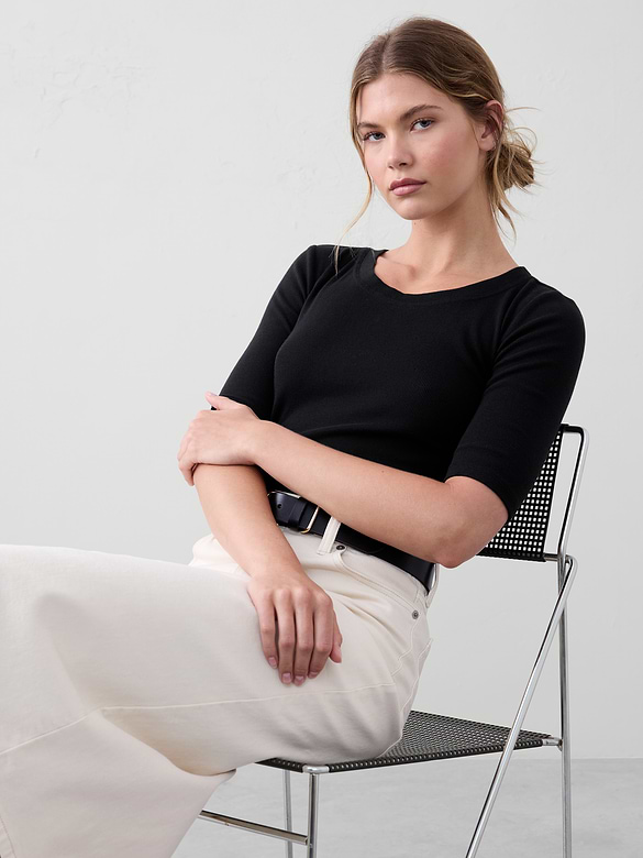 Ribbed Elbow-Sleeve T-Shirt