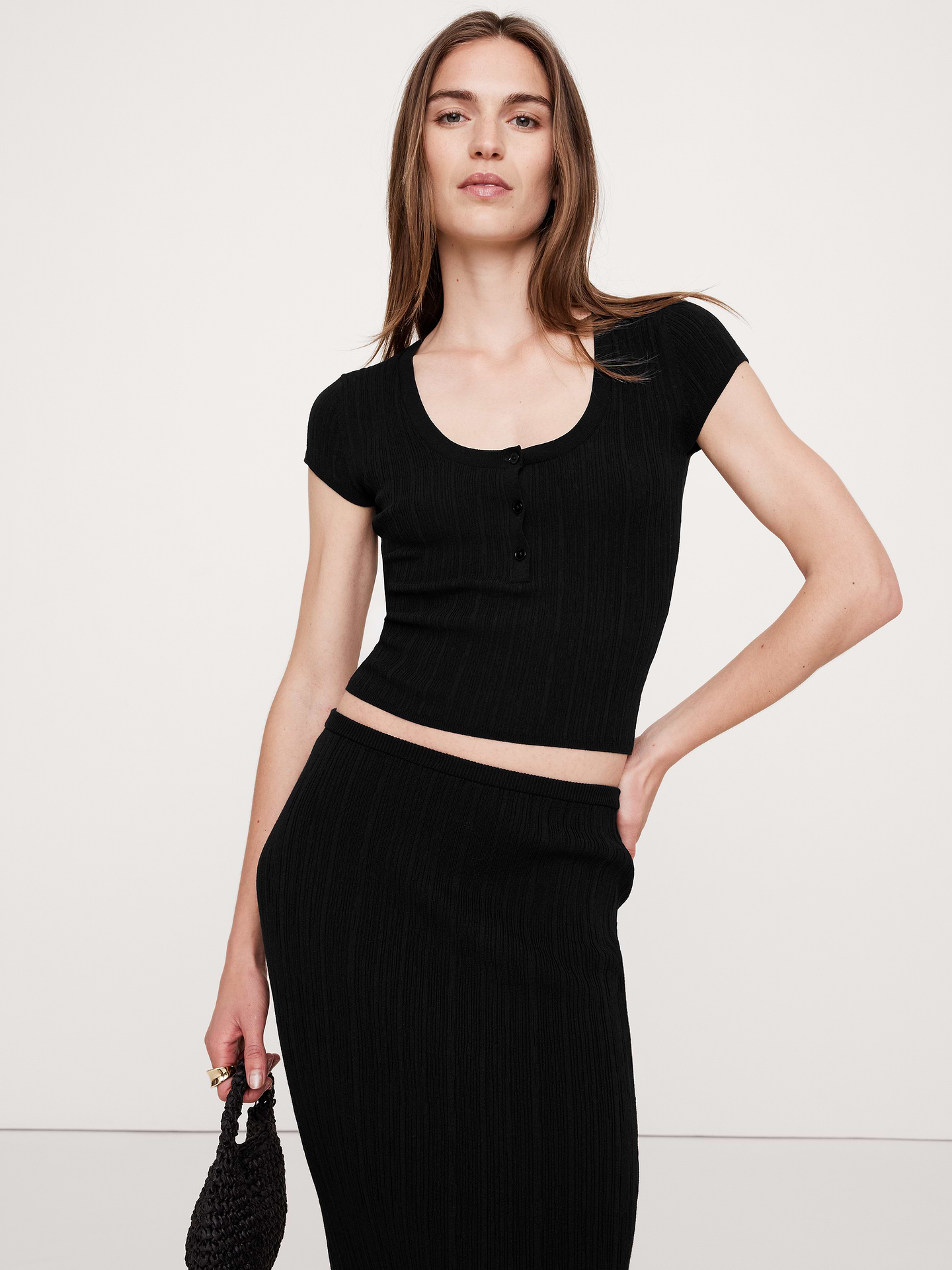 Image number 1 showing, Crinkle Knit Cap-Sleeve Henley