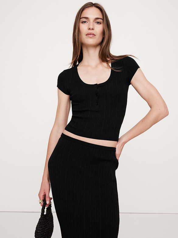 Crinkle Knit Cap-Sleeve Henley