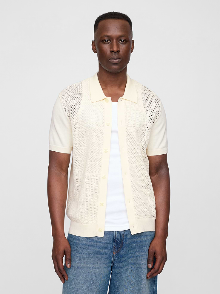 Image number 1 showing, Mixed-Stitch Crochet Vacay Shirt in Standard Fit