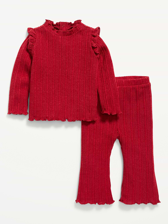 Cozy Long-Sleeve Ribbed Ruffle-Trim Top and Pants Set for Baby