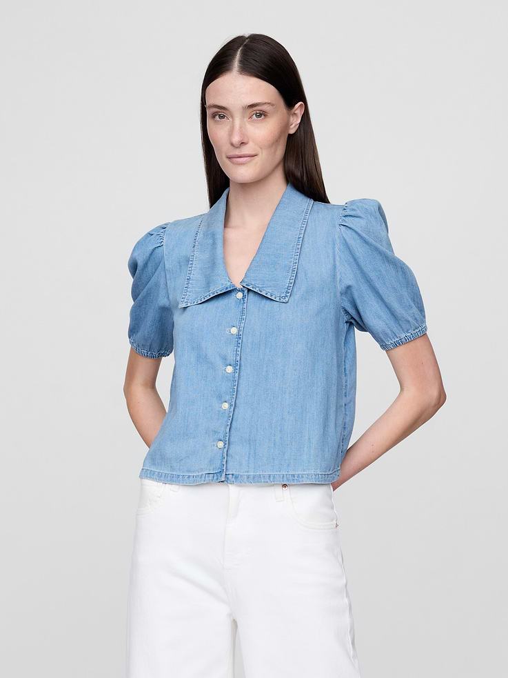 Image number 1 showing, Denim Puff-Sleeve Collared Shirt