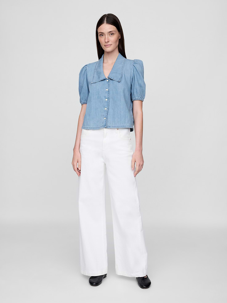 Image number 2 showing, Denim Puff-Sleeve Collared Shirt