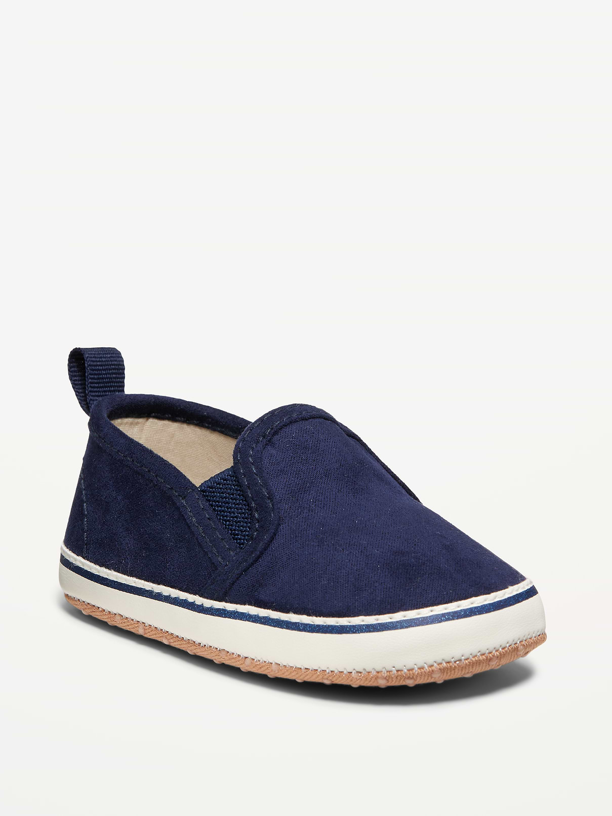 Image 1 of 5, linen-blend or faux-suede upper, webbed goring at sides, cushioned foot bed, contrasting midsole, gripper dots at outsole, pull tab at heel, Product #688499