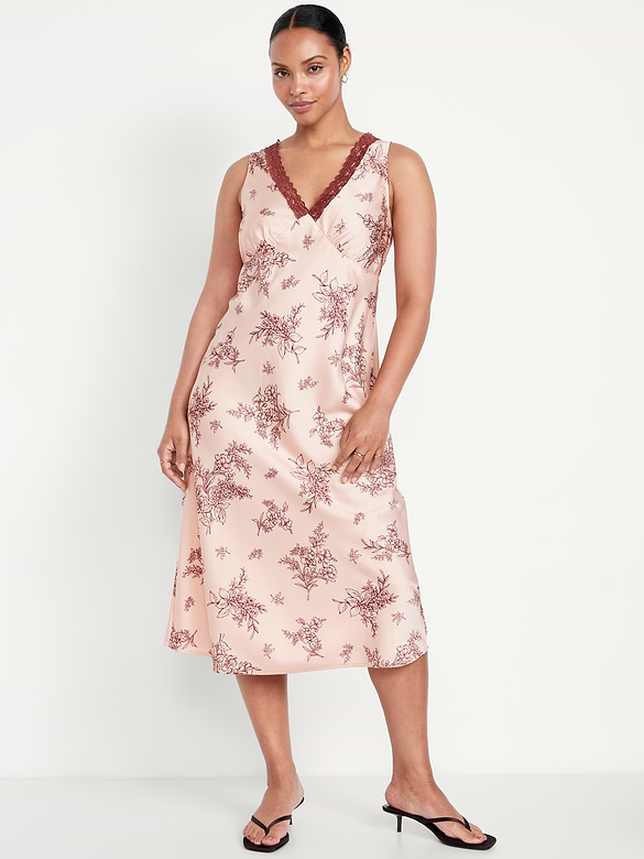 Lace-Trim Satin Midi Dress