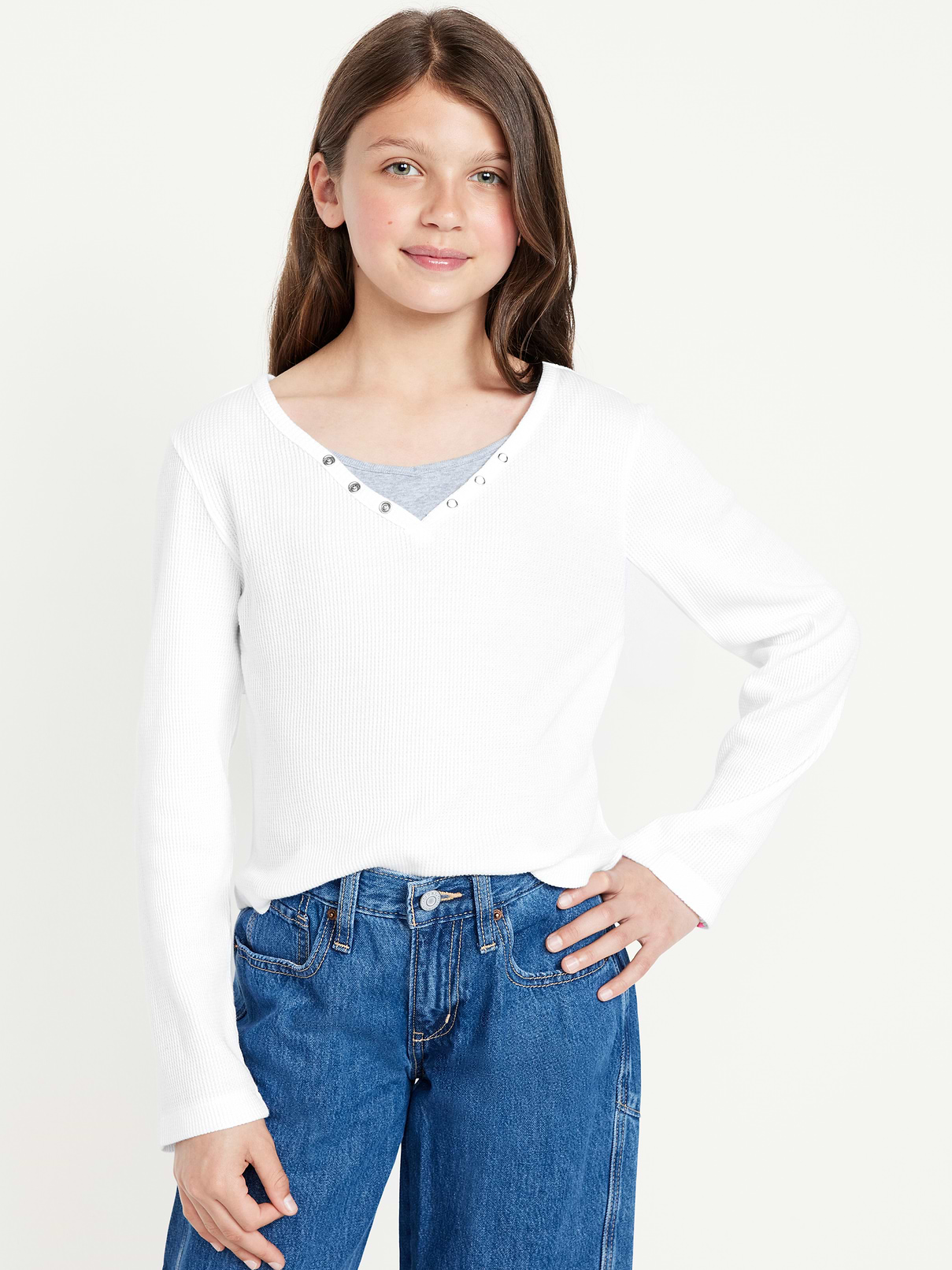 Image number 1 showing, Long-Sleeve 2-In-1 Fitted Henley Top for Girls