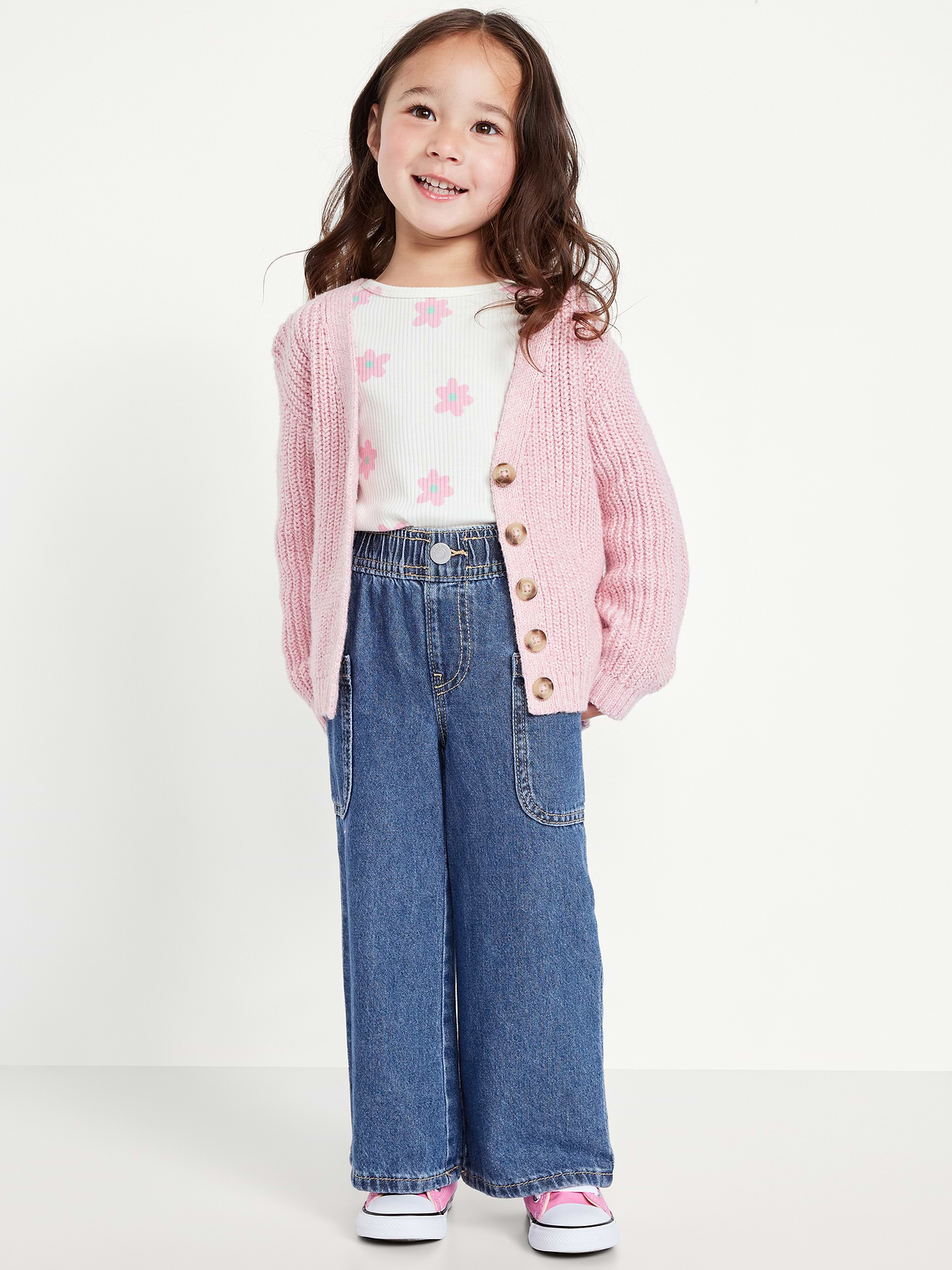 Image number 1 showing, Pull-On Baggy Wide-Leg Cargo Jeans for Toddler Girls