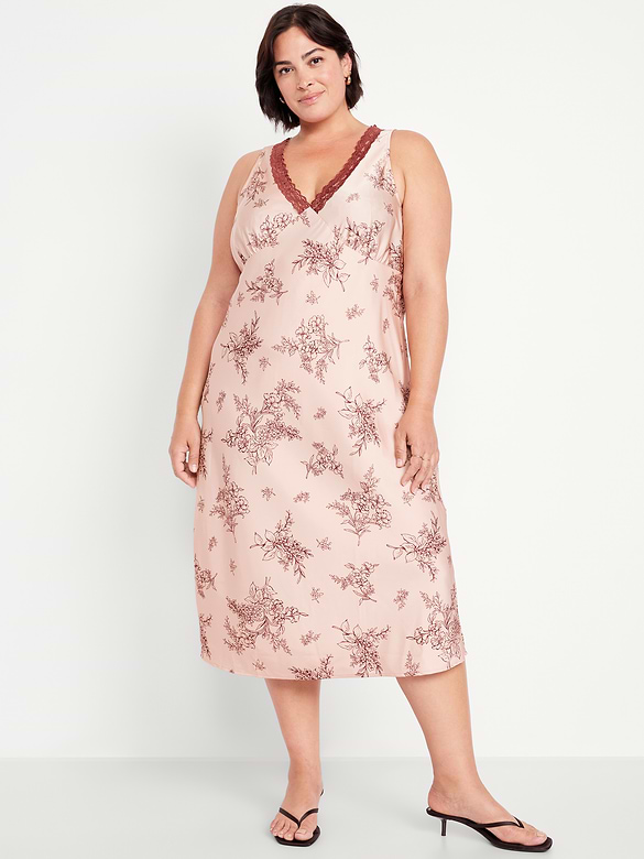 Lace-Trim Satin Midi Dress