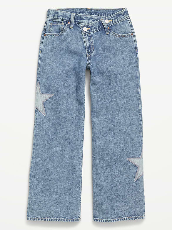 Jean brodé coupe très généreuse à ceinture croisée et à jambe large pour fille