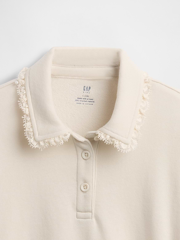 Chandail en coton ouaté à col polo avec bordure en dentelle pour Enfant