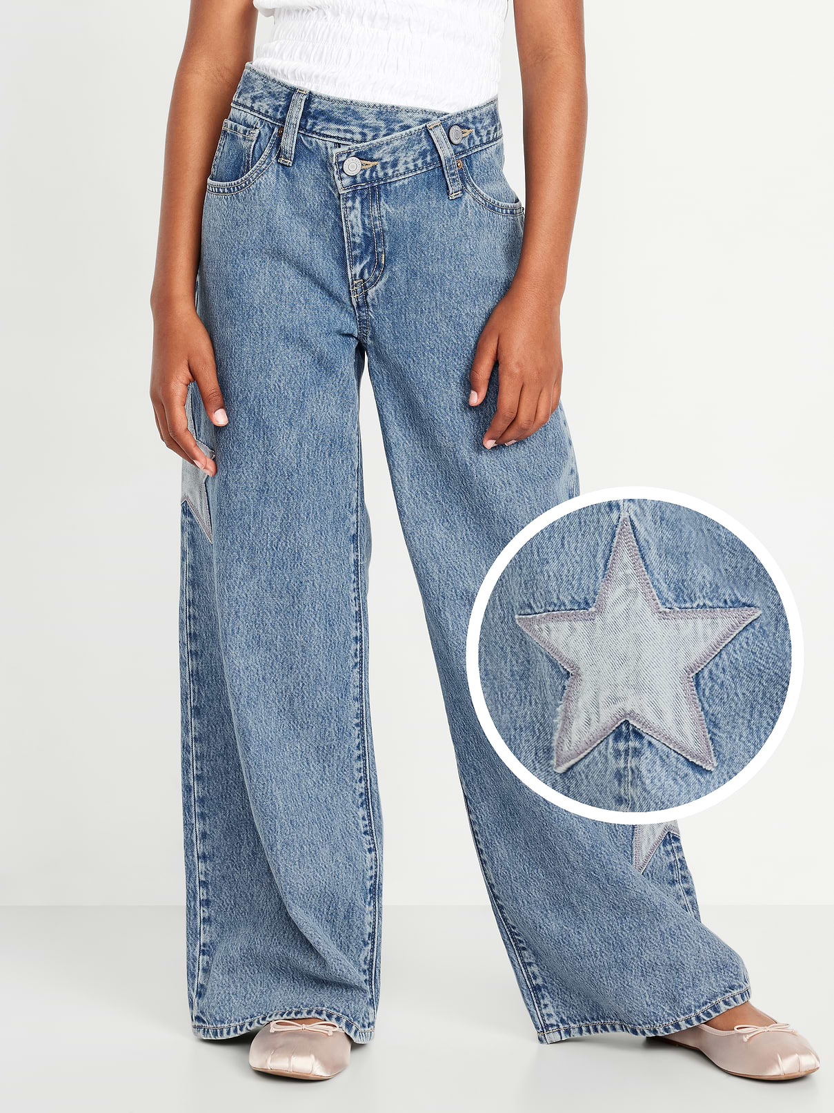 Image number 1 showing, Super Baggy Embroidered Crossover Wide-Leg Jeans for Girls