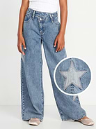 Image number 1 showing, Super Baggy Embroidered Crossover Wide-Leg Jeans for Girls