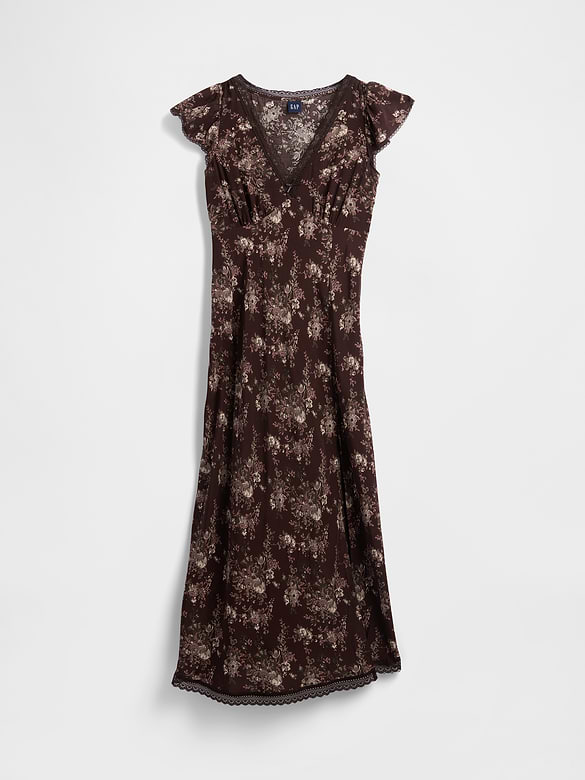 Lace-Trim V-Neck Crepe Maxi Dress