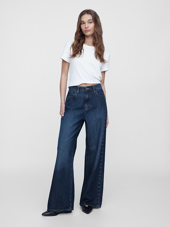 High Rise SuperSoft Studded Wide-Leg Jeans