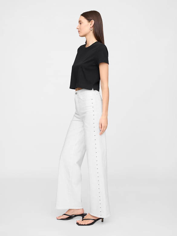 High Rise Studded Wide-Leg Jeans