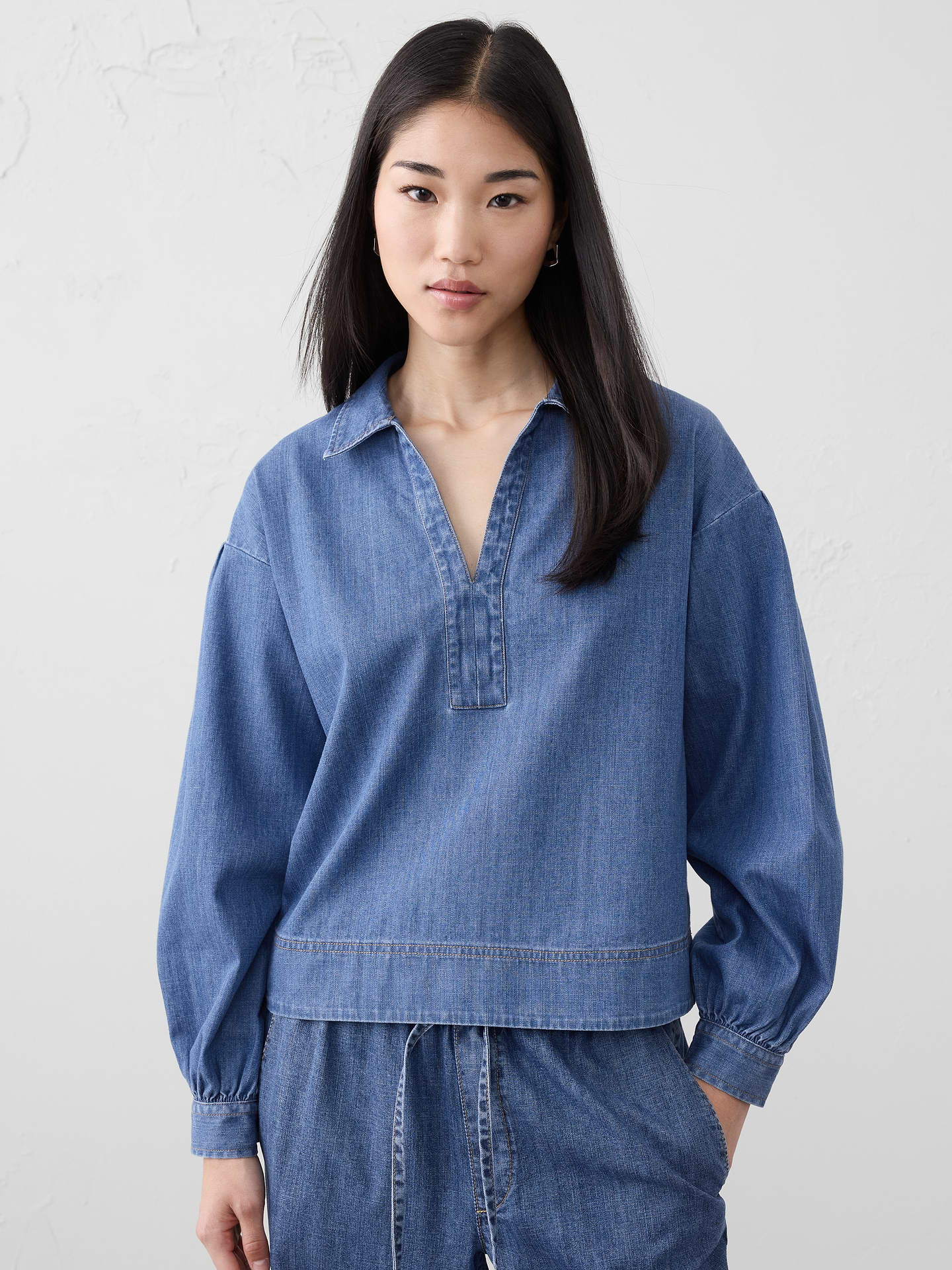Image number 1 showing, Denim Johnny-Collar Top