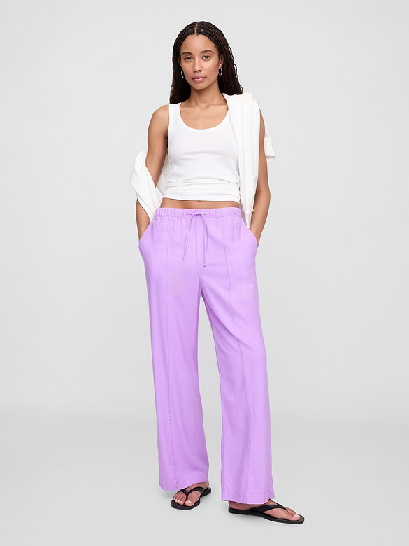 Mid Rise Linen-Blend Pull-On Wide-Leg Pants