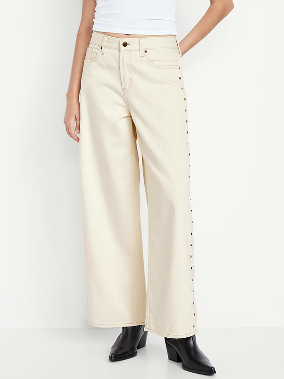 High-Waisted Baggy Wide-Leg Studded Jeans