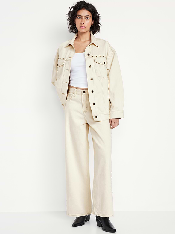 High-Waisted Baggy Wide-Leg Studded Jeans