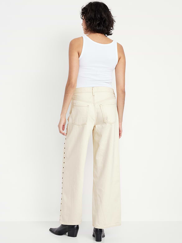 High-Waisted Baggy Wide-Leg Studded Jeans