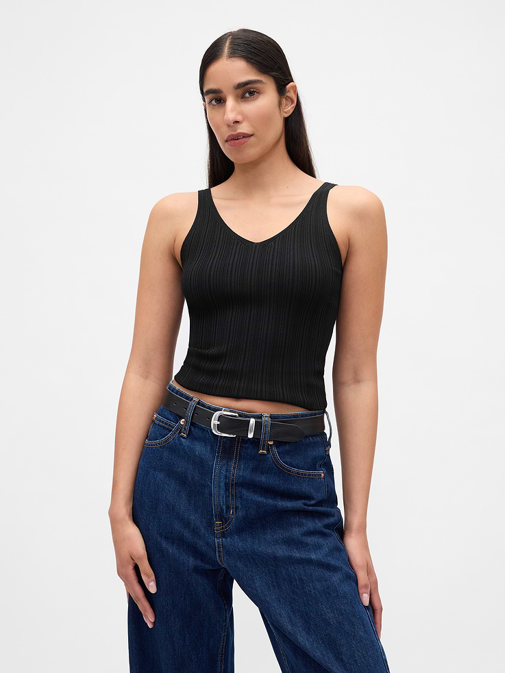 Image 1 of 5, Soft, luxe ribbed sweater knit tank top., V-neck., Tank straps., Sleeveless., This product was made in a factory that invests in gender equity and women’s empowerment through RISE. Learn more at gapinc.com/equity., Product #800547
