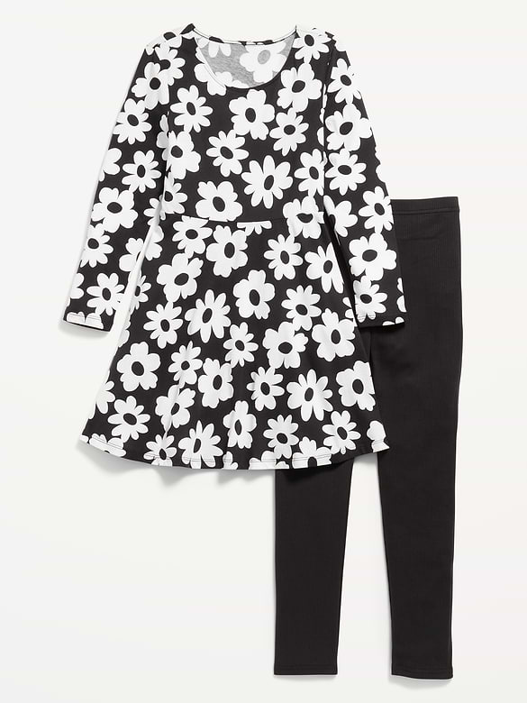 Long-Sleeve Fit and Flare Dress and Leggings Set for Girls