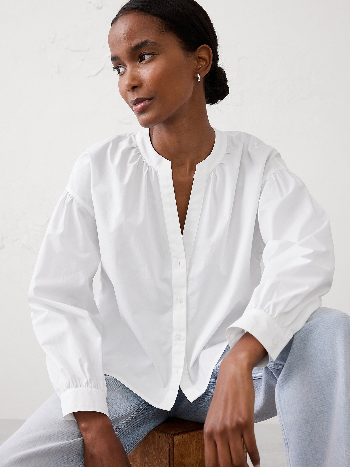 Poplin Puff-Sleeve Buttoned Top | Banana Republic Factory
