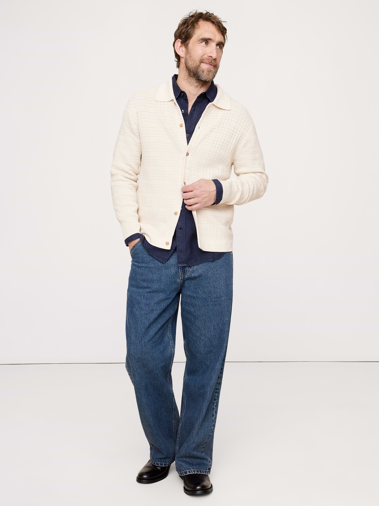 Image number 1 showing, Plaid Texture Cotton Polo Cardigan